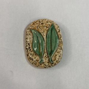 Vintage Beautiful Gold And White With Green Leafs Wooden Pin Brooch